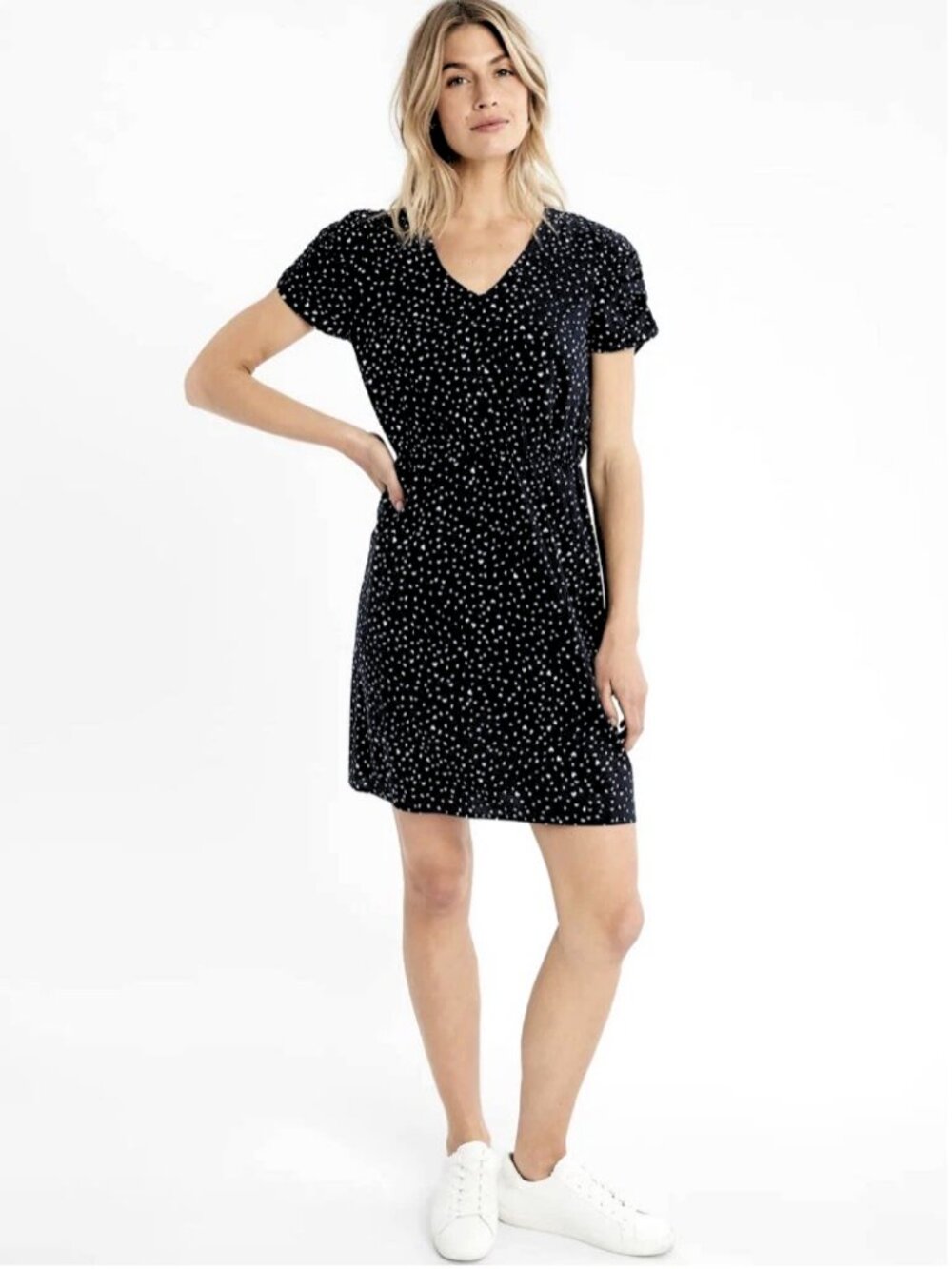 Banana Republic Factory Black Shirred Sleeve Elastic Waist Dress Large